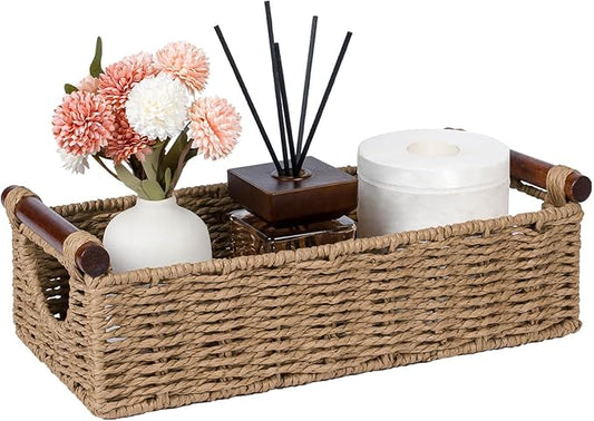 CubesLand Wicker Toilet Storage Basket Tray Organizer W/Cut Out Handle, Slim Decorative Basket for Countertop, Shelves And for Versatile Home Decor, Living Room, Nursery Organization, Neutral