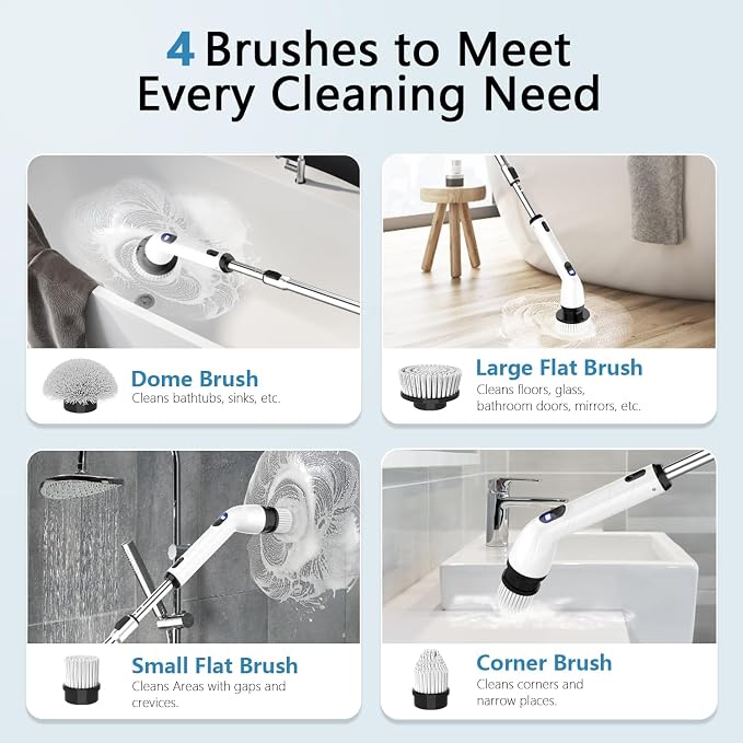 Electric Spin Scrubber,8 Replaceable Brush Heads for Home | IPX7 waterproof power scrubber with LCD display, multi heads, extendable handle, 90min runtime for bathroom kitchen glass car