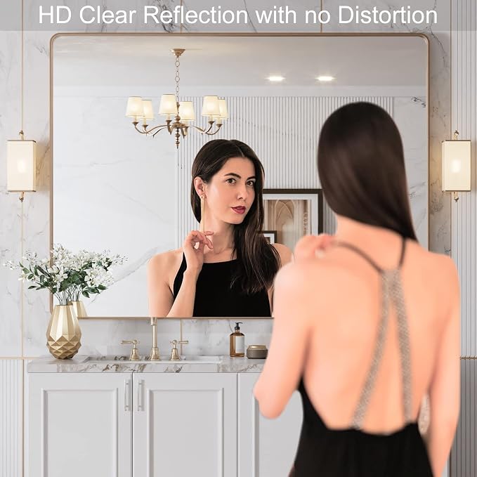 LOAAO 48”X36” Gold Bathroom Mirror, Rounded Rectangle Gold Frame Mirror, Brushed Gold Bathroom Vanity Mirror Wall-Mounted, Anti-Rust, Tempered Glass, Hangs Horizontally or Vertically | Rounded Rectangle, Brushed Gold Frame, Wall-Mounted, Anti-Rust, Tem...