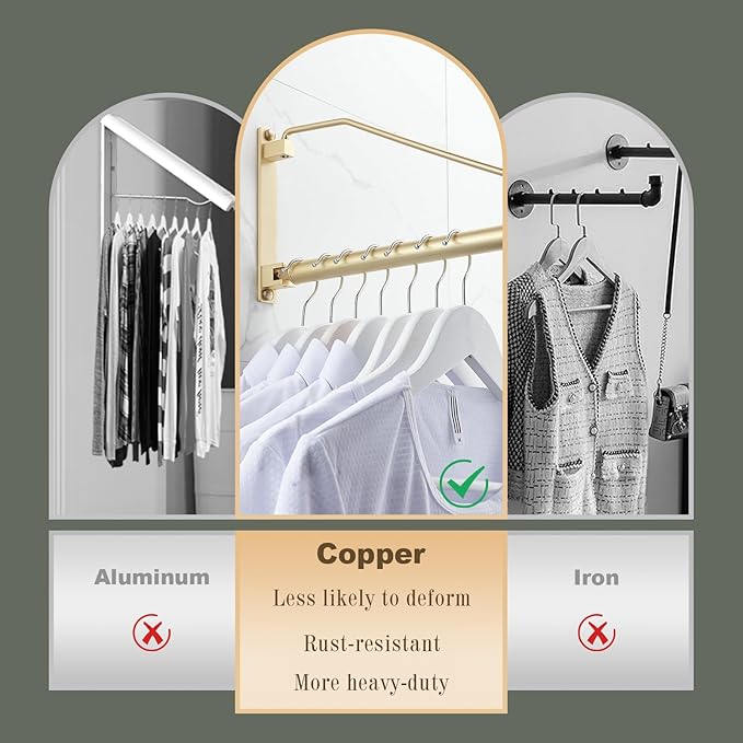 NEWRAIN Folding Wall Mounted Clothes Hanger Rack Clothes Hook Solid Brass with Swing Arm Holder Clothing Hanging System Closet Storage Organizer Heavy Duty Drying Rack Wall Mount,Brushed Gold