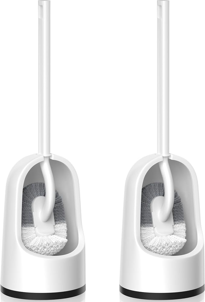 Toilet Brush, 2 Pack Toilet Brush and Holder Set with Durable Curved BristlesToilet Scrubber, Toilet Bowl Brush with Extra Long Handle,Toilet Cleaner with Caddy for Bathroom Deep Cleaning (2, White)