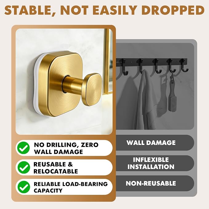 Suction Cup Hooks for Shower, Stainless Steel Bathroom Suction Hooks No Drilling, Brushed Gold Heavy Duty Shower Hooks for Towel Robe Loofah, Glass Door Tile Mirror, 4 Pack Golden