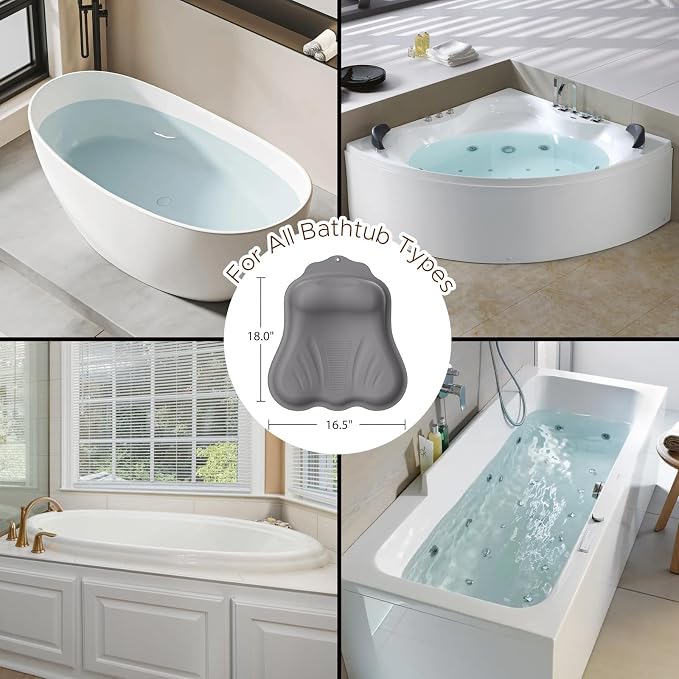 Bath Pillow for Tub, Adjustable Silicone Bathtub Pillows for Head and Neck, 0"–2.3" Neck Support, 34 Suction Cups, Easy to Clean, No Machine Wash Needed (Dark Gray)
