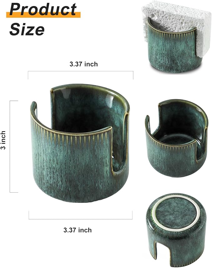 Sponge Holder for Kitchen Sink Countertop, Ceramic Scrub Sponge Dish Holder, Compact Sink Caddy Organizer Accessories for Dish Brush, Scrubber, Vintage Green