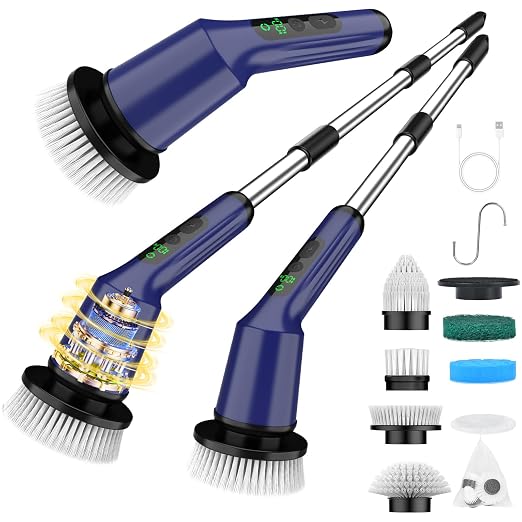 Electric Spin Scrubber for Bathroom, Shower Scrubber with Long Handle | Shower Cleaner Brushes, IPX7 Waterproof & 2 Speed, 8 Brush Heads, 90min Runtime, Bathroom Cleaning Supplies for Toilet Tub