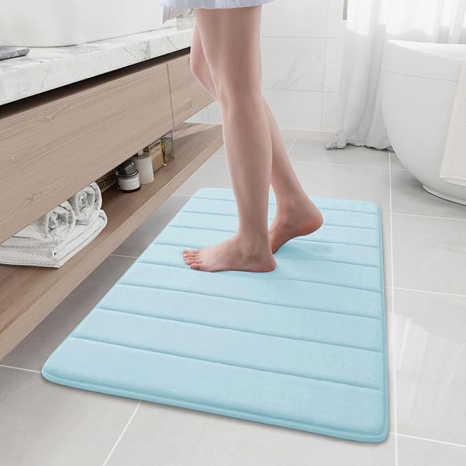 Buganda Memory Foam Bath Mat 35.4 x 24, Ultra Soft Absorbent Bathroom Rugs | Light Blue, Machine Washable Quick Dry Bath Mats for Bathroom Floor, Shower and Tub, Home Decor Accessories