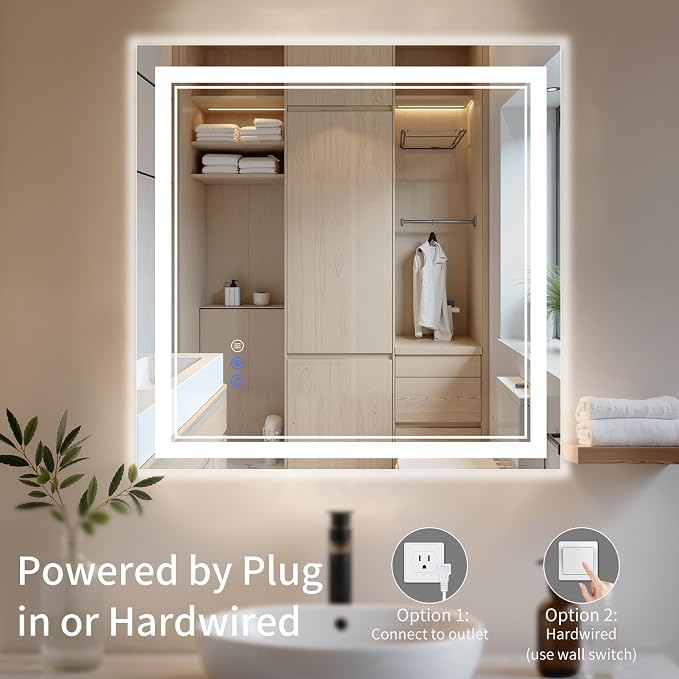 30"x30" LED Bathroom Mirror with Lights, Anti-Fog, Backlit + Front Lit, Dimmable, Led Vanity Mirror for Wall, Lighted Bathroom Mirror,3 Colors, Shatter-Proof Tempered Glass