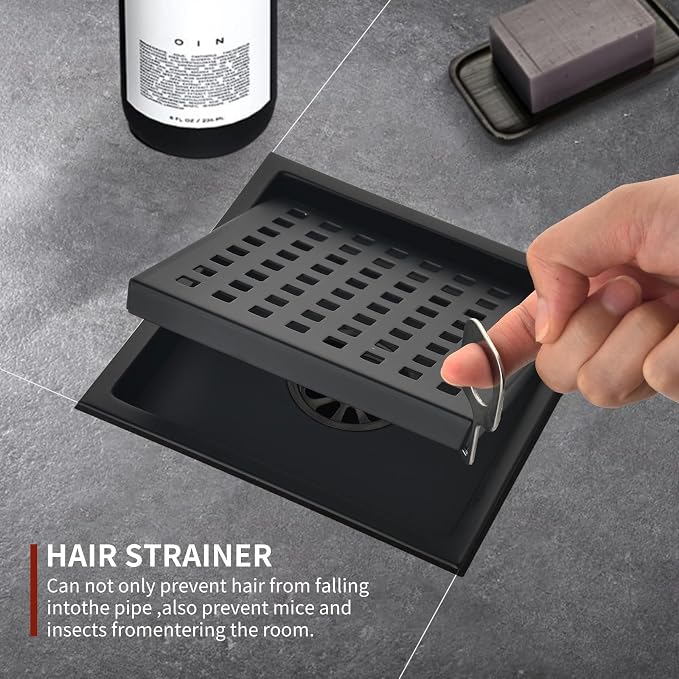 6 Inch Square Shower Drain Set of 2 with Removable, Square Grille, 304 Stainless Steel, Includes Shower Drain Base Hair Filter, Black, for Bathroom, Kitchen, Balcony 2 Pack