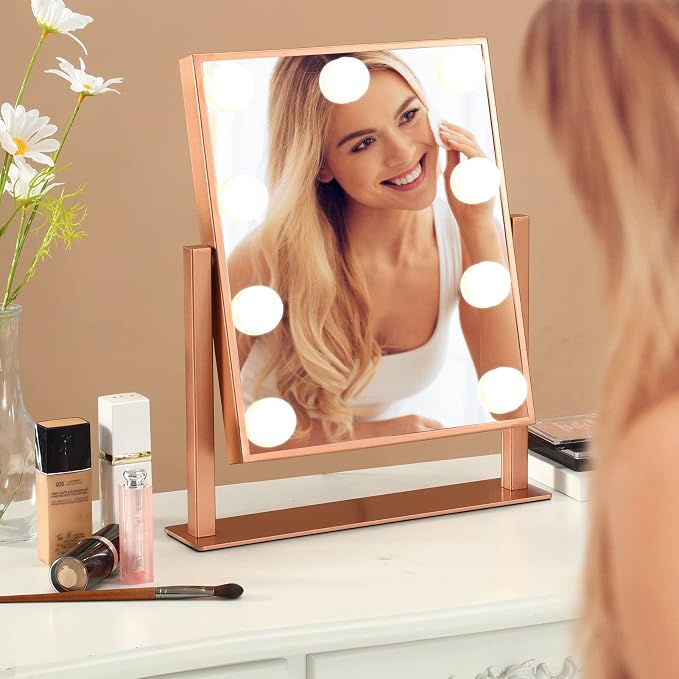 BWLLNI Lighted Makeup Mirror, Rose Vanity Mirror with Lights,9 LED Bulbs | Hollywood Mirror Touch Control Design 3 Colors Dimmable Bulbs Detachable 10X Magnification 360°Rotation