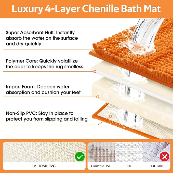 ACCUMTEK Striped Orange Bathroom Rug Set 3 Pieces Ultra Soft, Non Slip Chenille Toilet Mat, Absorbent Plush Shaggy Bath Mats for Bathroom, Bedroom, Kitchen