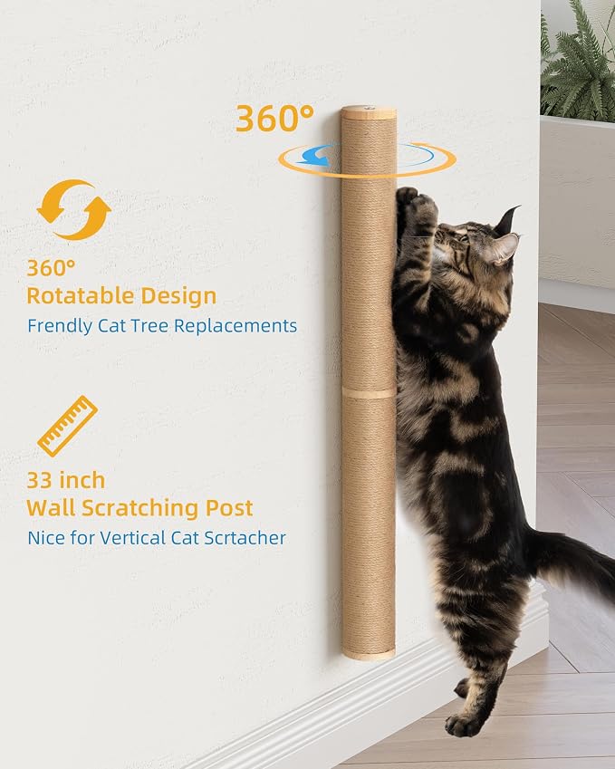 Aechonow 68" Wall Mounted Cat Scratcher,2Pcs of 34in Sisal Scratching Posts | Wood Cat Wall Scratcher,Cat Wall Furniture for Indoor Cats,Cat Wall Climber, Natural Sisal,Tall & Sturdy Corner Climbing Pole