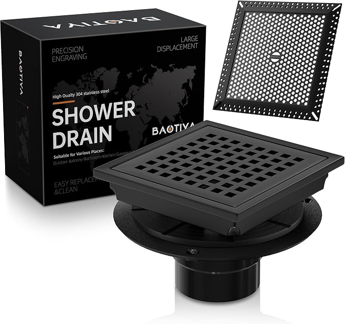 6 Inch Square Black Shower Drain with Flange, Modern Floor Drain with Quadrato Pattern Grate Removable,SUS 304 Stainless Steel