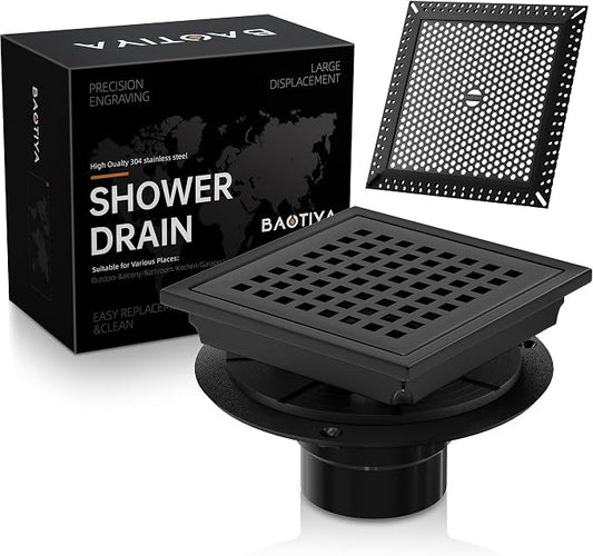 6 Inch Square Black Shower Drain with Flange, Modern Floor Drain with Quadrato Pattern Grate Removable,SUS 304 Stainless Steel