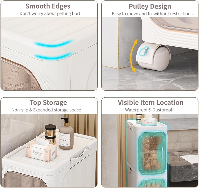 2 Tier Slim Bathroom Storage Cabinet, Foldable and Movable, Beige | Tools Free, ABS and PET, Magnetic Clear Door, Adjustable Shelves, Lockable Wheels, Water Resistant, For Narrow Space