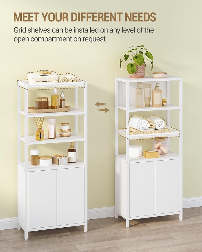 Hzuaneri Storage Bathroom Cabinet, Bathroom Floor Cabinet with Doors and Open Adjustable Shelf, Small Cabinets with Ventilated Metal Grid, Freestanding Storage Cabinets, White 7.9"D x 15"W x 35.5"H