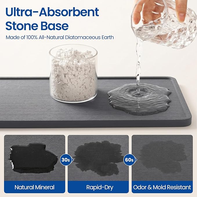Extra Large Kitchen Sink Caddy Organizer, Stainless Steel Sponge Holder for Kitchen Sink with Brush Holder, Diatomite Stone Sink Tray for Soap Dispenser, Sponge, Bathroom Countertop Organizer, Grey