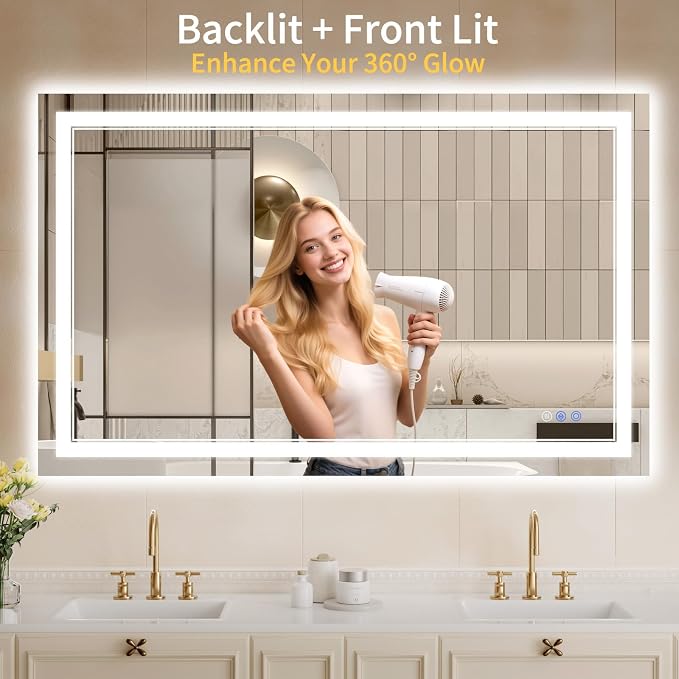 40"x48" LED Bathroom Mirror with Lights, Anti-Fog, Backlit + Front Lit, Dimmable, Led Vanity Mirror for Wall, Lighted Bathroom Mirror, 15 Colors, Shatter-Proof Tempered Glass