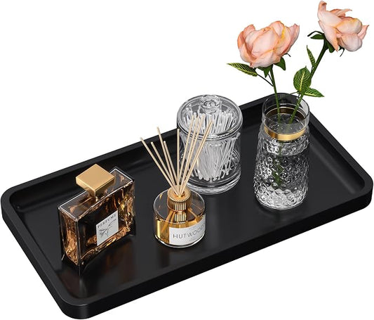 Bathroom Vanity Tray for Countertop - Bamboo Organizer Tray for Dresser Tops, Toilet, Perfume Small Decorative Tray Wood Tray for Home Decoration 11.81” L x 6.1” W x 0.79” H Black