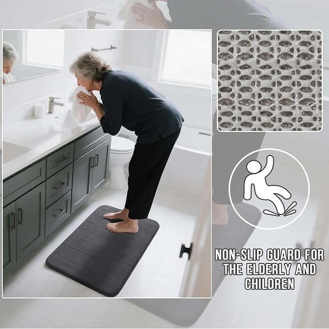 Yimobra 3 Pieces Memory Foam Bath Mat Set with U-Shaped Toilet Rug - Non Slip Super Soft Absorbent Quick Dry Bathroom Rugs for Bathtub, Vanity & Toilet Base, Dark Gray