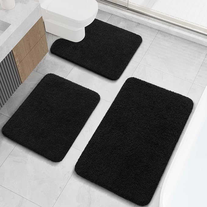 LOCHAS Bathroom Rugs Sets 3 Piece, Microfiber Bath Mat Set Non Slip, Black | Washable Absorbent Toilet Rug, Shaggy Soft Cozy Quick Dry