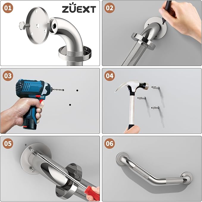 16 Inch Angled Grab Bar 2 Pack, ZUEXT Anti Slip Shower Grab Bar Handles,Chrome Stainless Steel Knurled Bathroom Balance Bar, Safety Hand Rail Support,Handicap Elderly Injury Senior Assist Bath Handle