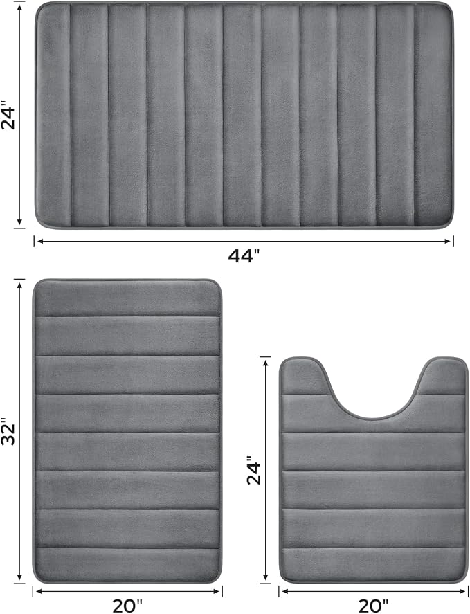 BYSURE Dark Grey Memory Foam Bath Mats Extra Long | Non Slip Extra Soft Absorbent Machine WashableToilet Bathroom Rug Set 3 Piece 20"x32"+24"x44"+U Shape 20"x24"