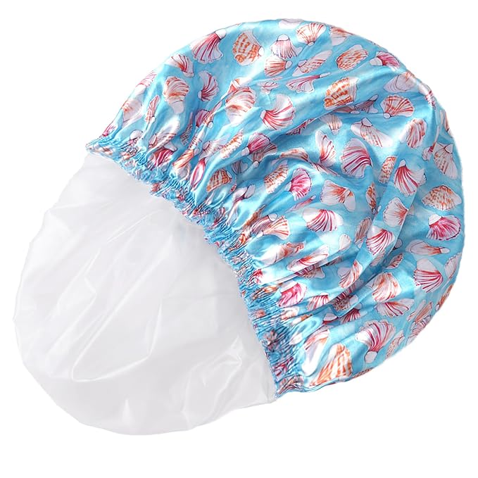 Shower Caps for Women, 4 PCS Reusable Waterproof Bath Cap | Double Layer, Washable, Wide Elastic Band, Holds Long Hair, Caps for Bath Accessories, Spa, Travel Home - Shell