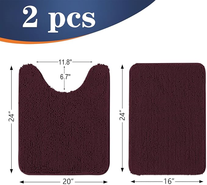 OLANLY Chenille Bathroom Rugs Sets 2 Piece, 24"x16"+24"x20", Black Cherry | Soft Absorbent Bath Mat and U-Shaped Contour Toilet Rug Set, Quick Dry, Machine Washable Bath Carpet, Home Decor Accessories