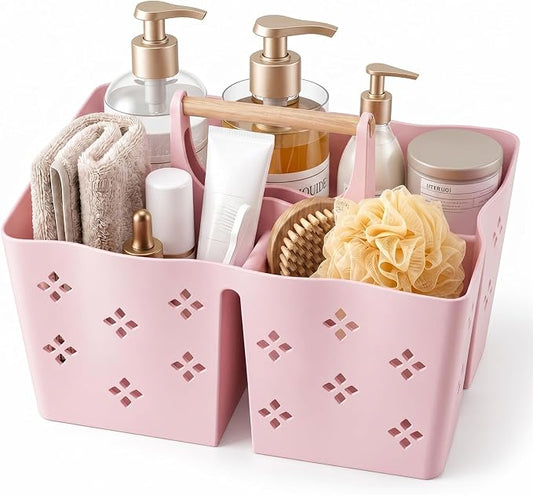 GVY Plastic Shower Caddy Portable, Large Capacity Shower Basket with Handle, Divided Bathroom Toiletry Organizer, Quick-Drain Shower Caddy for College Dorm Beach Kitchen Essentials, Pink