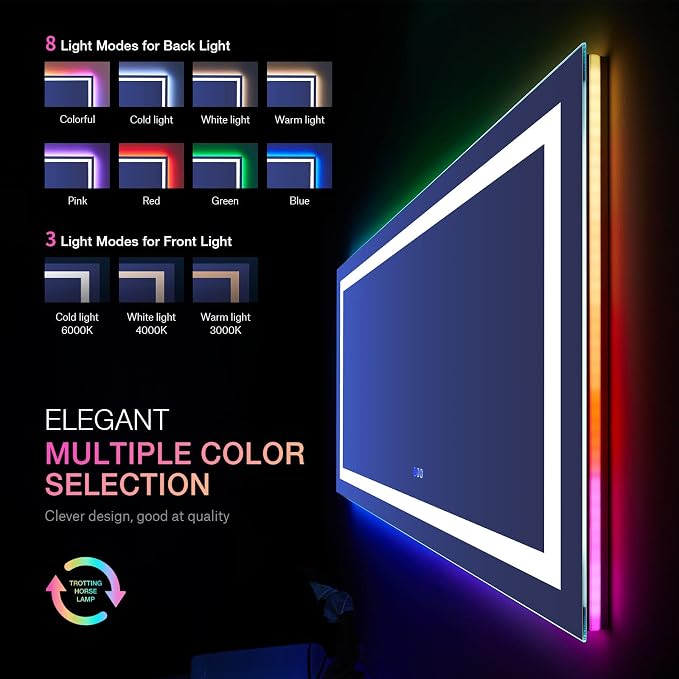 LOAAO 55"X30" RGB LED Bathroom Mirror with Lights, UL Listed | Anti-Fog, Dimmable, RGB Backlit + Front Lighted, Memory Function, Tempered Glass