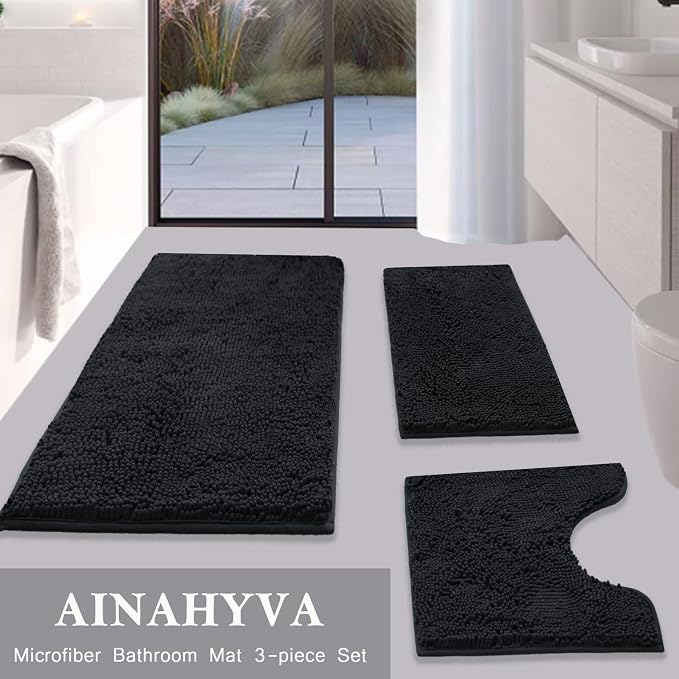 Bathroom Rugs Chenille Bath mat 3 Piece Set, Super Absorbent, Strong PVC Non Slip Backing, Bath mats for Bathroom, Plush Shaggy, Thick, Machine Washable, Bathtub, Toilet, Dark Grey