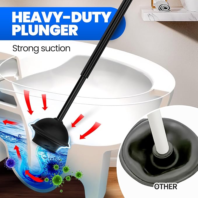 2Pack 2 in 1 Toilet Brush and Plunger Set, Extended Handle Plunger,Toilet Bowl Brush Plunger Set,Bathroom Cleaning Tools,Cleaning Brush,Toilet Brush Plunger Combo(Bright Black) | Heavy Duty Rubber Toilet Bowl Cleaner, Apartment Must Haves Bathroom Deco...