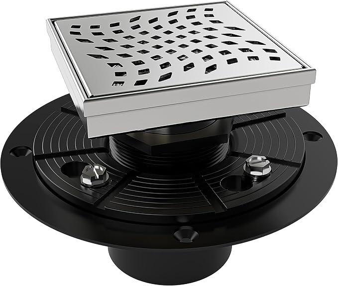 WEBANG 4 Inch Square Shower Drain Brushed Floor Drain with Flange Wave-Hole Pattern Cover Grate Removable SUS304 Stainless Steel Watermark&CUPC Certified Brushed