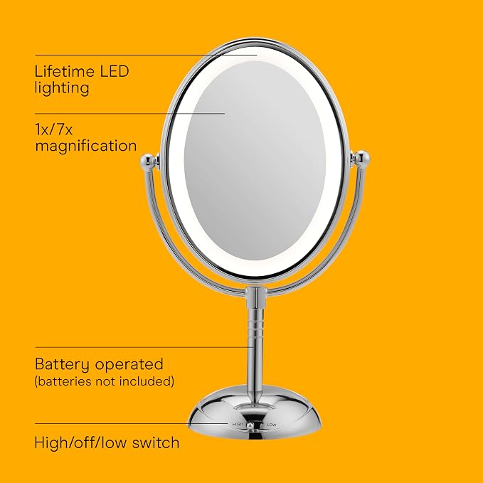 Conair Lighted Makeup Mirror, LED Vanity Mirror, 1X/7X Magnifying Mirror, Double Sided, Battery Operated in Polished Chrome