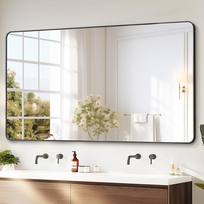 Delma Bathroom Vanity Mirror, Black Framed Mirror for Over Sink, 55x30 | HD glass, distortion-free for makeup and grooming, Sturdy frame, all mounting hardware, hangs horizontal or vertical