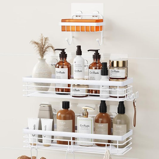 Orimade Adhesive Shower Caddy Soap Dish Holder Shelf with 5 Hooks Bathroom Organizer Basket Kitchen Storage Rack Wall Mounted No Drilling Stainless Steel - 3 Pack, White