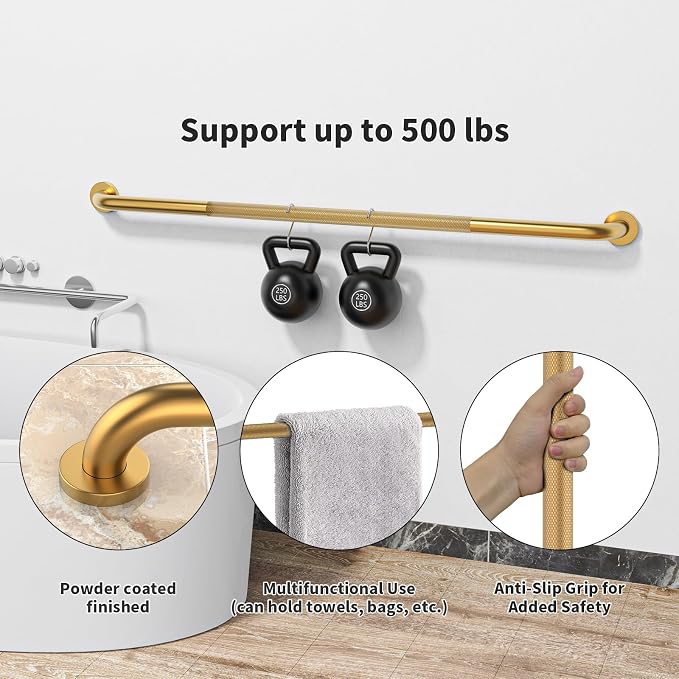 48 Inch Anti Slip Shower Grab Bar, Munzong Bathroom Grab Bar for Wall, Gold Knurled Handicap Balance Bar,Safety Hand Rail Support Elderly Senior Assist Bath Handle