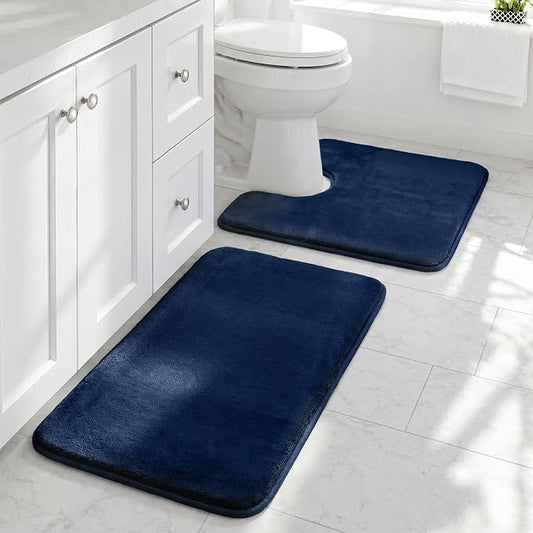 Bathroom Rugs Sets 2 Piece, Non-Slip & Quick Dry Bath Mat Set, Ultra Soft Velvet Bath Rugs for Bathroom, Toilet and Shower Floor, Navy