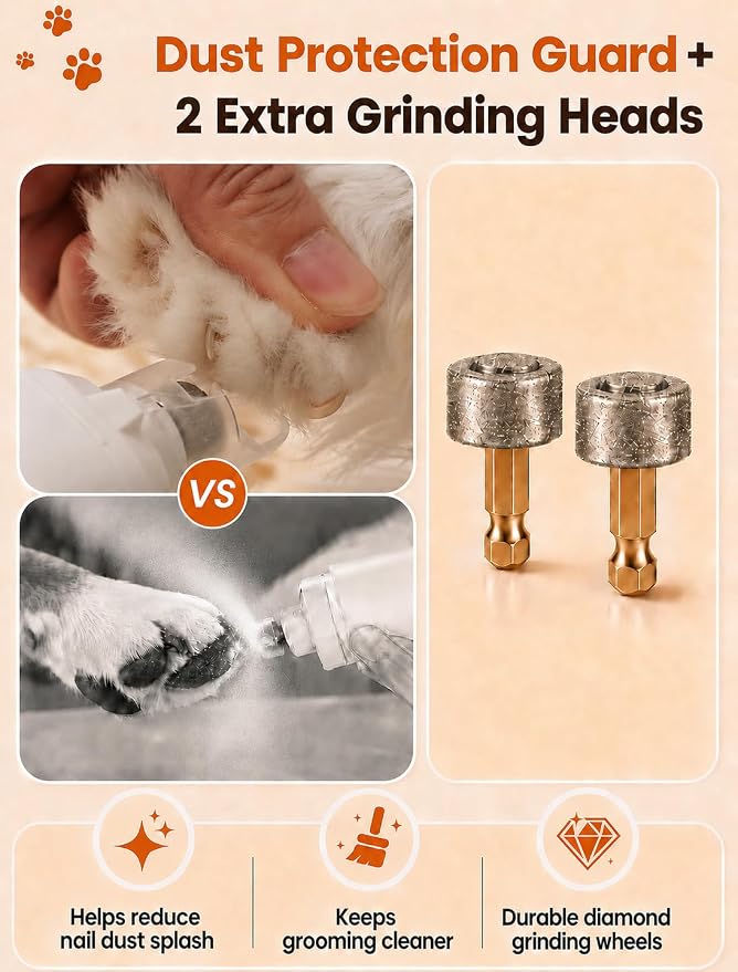 Dog Nail Grinder, Quiet 6-Speed Electric Pet Nail Trimmer with Upgraded Motor, 2 LED Lights, LCD Display, Type-C Charging, 1200mAh Battery, 3 Diamond Grinding Wheels for Dogs and Cats