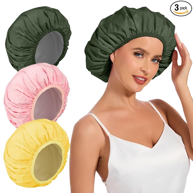 3Pcs Waterproof Shower Cap for Women Reusable, Bath Cap for Long Hair, Comfortable Shower Hat for Thick Curly Hair