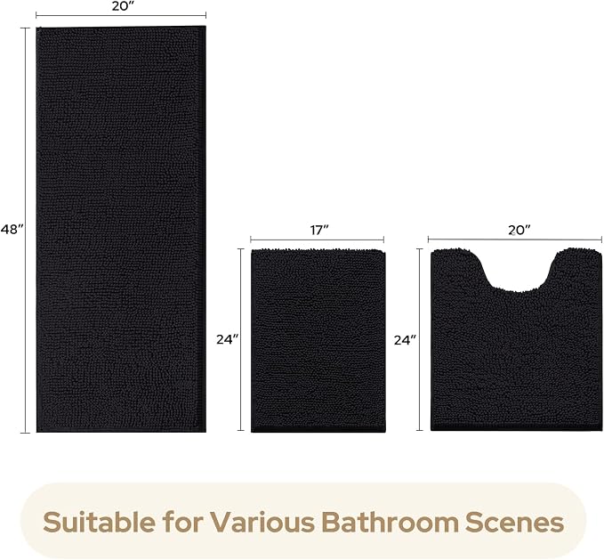 HOMEIDEAS Black Long Chenille Bathroom Rugs Set of 3, Non Slip Bath Mat | Super Absorbent, Soft Microfiber, Machine Washable, Stain Resistant, for Bathroom Decor