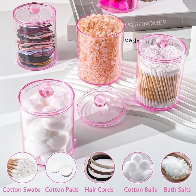 6 Pcs Acrylic Qtip Holder, Cotton Ball Holder Jars with Lids, Pink | Apothecary Jars for Cotton Swabs, Balls, Pads and Floss Picks, Bathroom Vanity Organizer