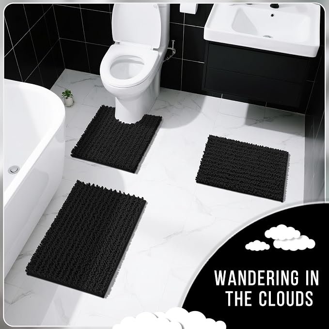 Yimobra Bathroom Rugs Sets 2 Piece - Quick Dry Extra Thick Luxury Chenille Bath Mat, Non Slip Super Absorbent for Tub Shower Sink, Machine Washable Shaggy Floor Mat, 32"x20"+24"x20" Inch, Black