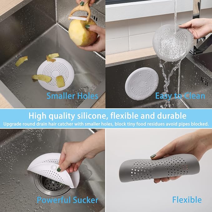 2-Pack Drain Hair Catcher Durable Silicone Hair Stopper Shower Drain Covers Easy to Install and Clean Suit for Bathroom Bathtub and Kitchen（Grey）