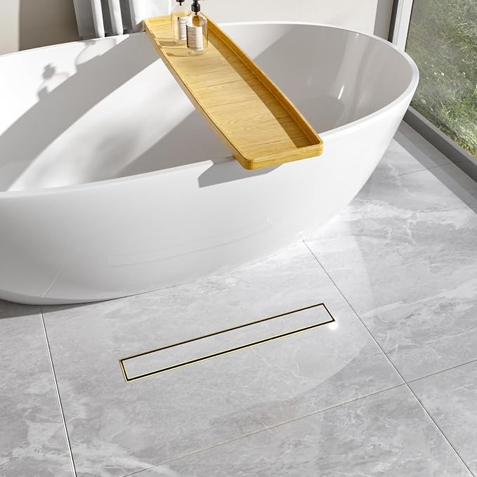 32-Inch Linear Shower Drain with Tile Insert Grate, SUS 304 Stainless Steel Linear Drain, Brushed Gold Long Rectangle Shower Floor Drain with Leveling Feet, Hair Strainer, Fits Bathroom