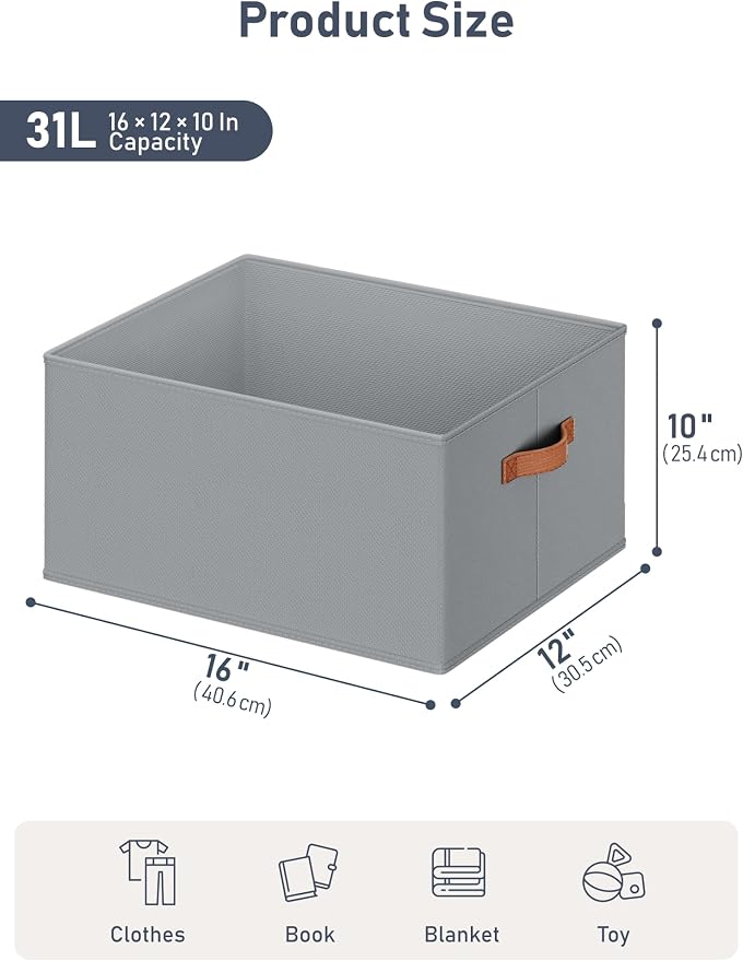 6 Pack Large Closet Storage Baskets Bins for Shelves, Collapsible Fabric Closet Organizers and Storage with Polyester Handles, Decorative Baskets for Organizing Clothes, Towels, Linen Closet 16x12x10"