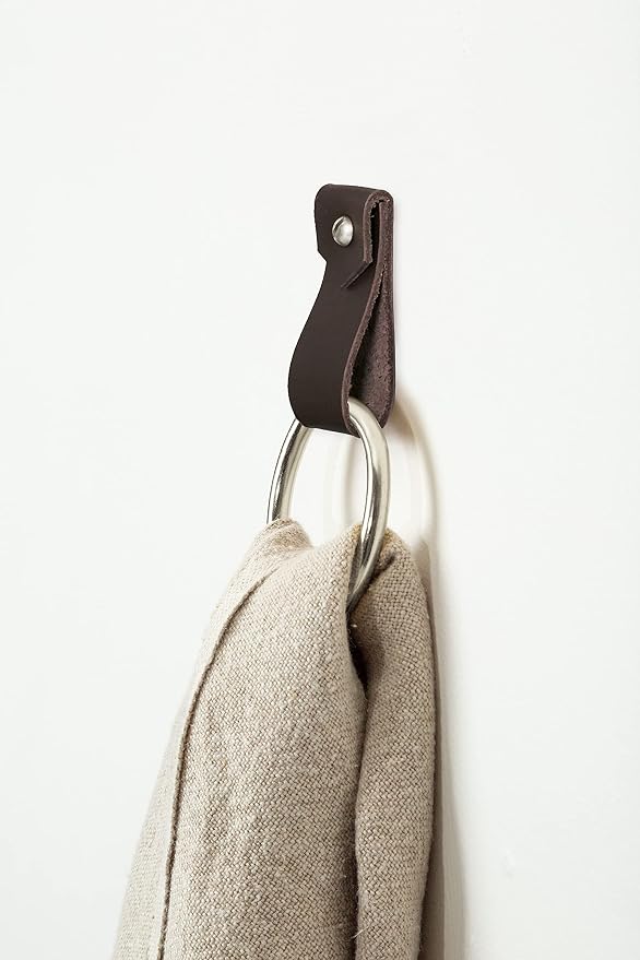 Small Leather Wall Hook, Black Towel Ring wall Hanging Strap Towel Hook for wall Leather Loop Strap Holder Minimal Towel bar Rack Storage Modern Bathroom Hand Towel Holder