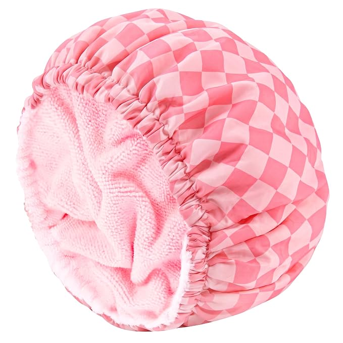 Shower Cap for Women Terry Lined Bath Cap Large Reusable Waterproof Elastic Pink Checkered Shower Caps for Long Thick Hair Soft Bath Shower Hair Caps