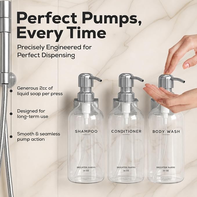 Clear Shampoo and Conditioner Dispenser Set Wall Mounted by Brighter Barns - Wall Mounted Shower Shampoo Dispenser for Shower Wall - Refillable Shower Soap Bottles 3 Chamber No Drill (Clear/Silver)