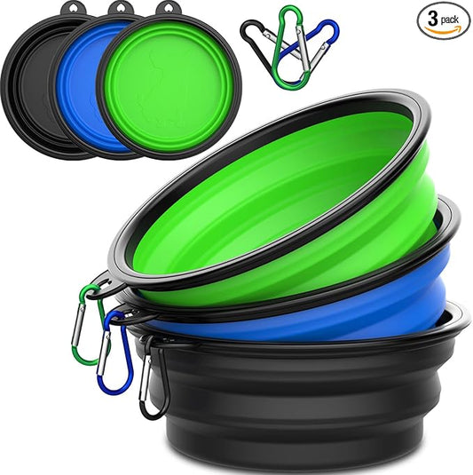 3 Pack Collapsible Dog Bowl, Black/Blue/Green, 34oz/1000ml | Travel Portable, Expandable Foldable, Food & Water Feeding, With Carabiners
